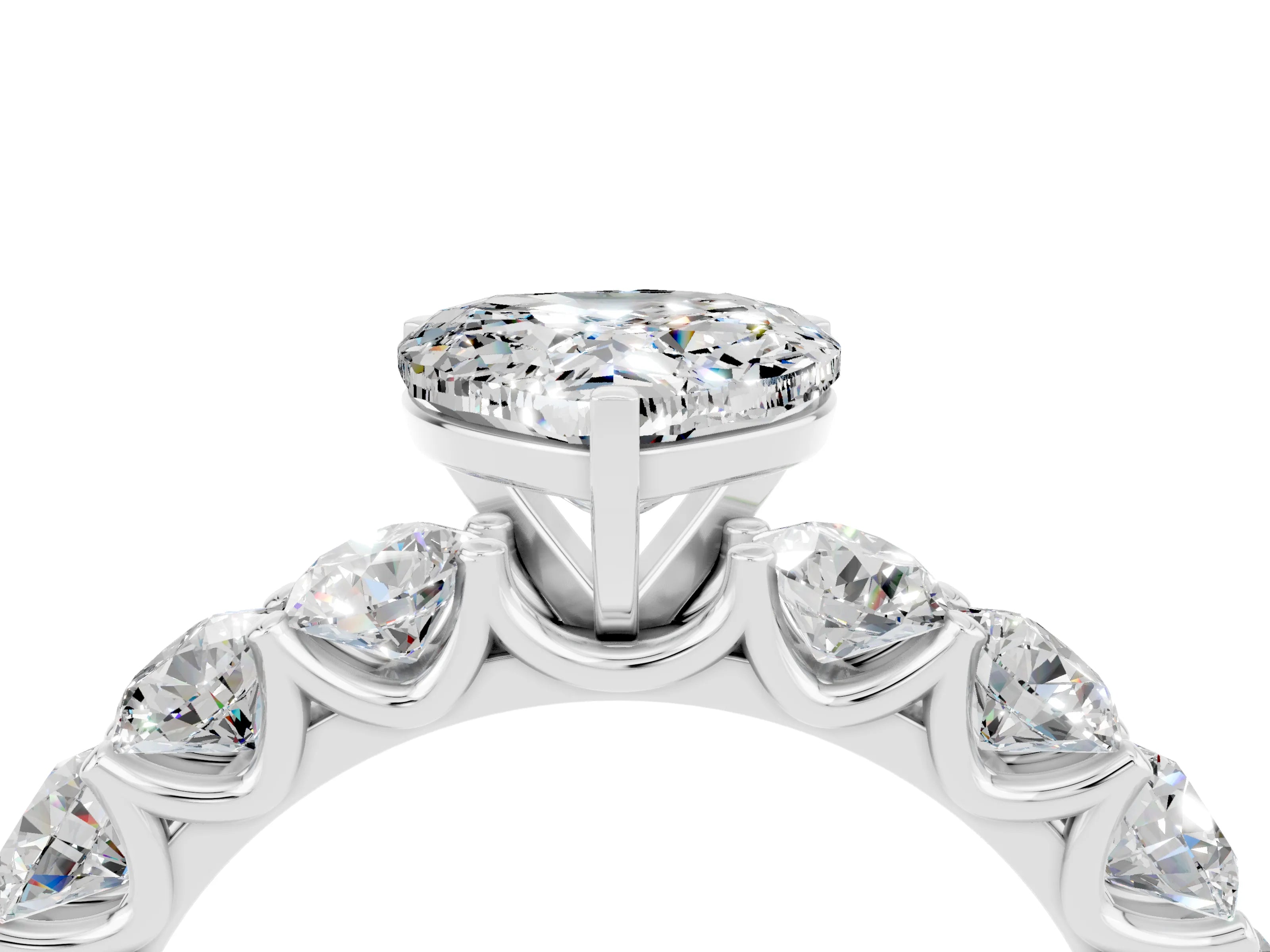 White gold Heart Cut Moissanite Prong Setting with Side Stones on a Pave Band_4