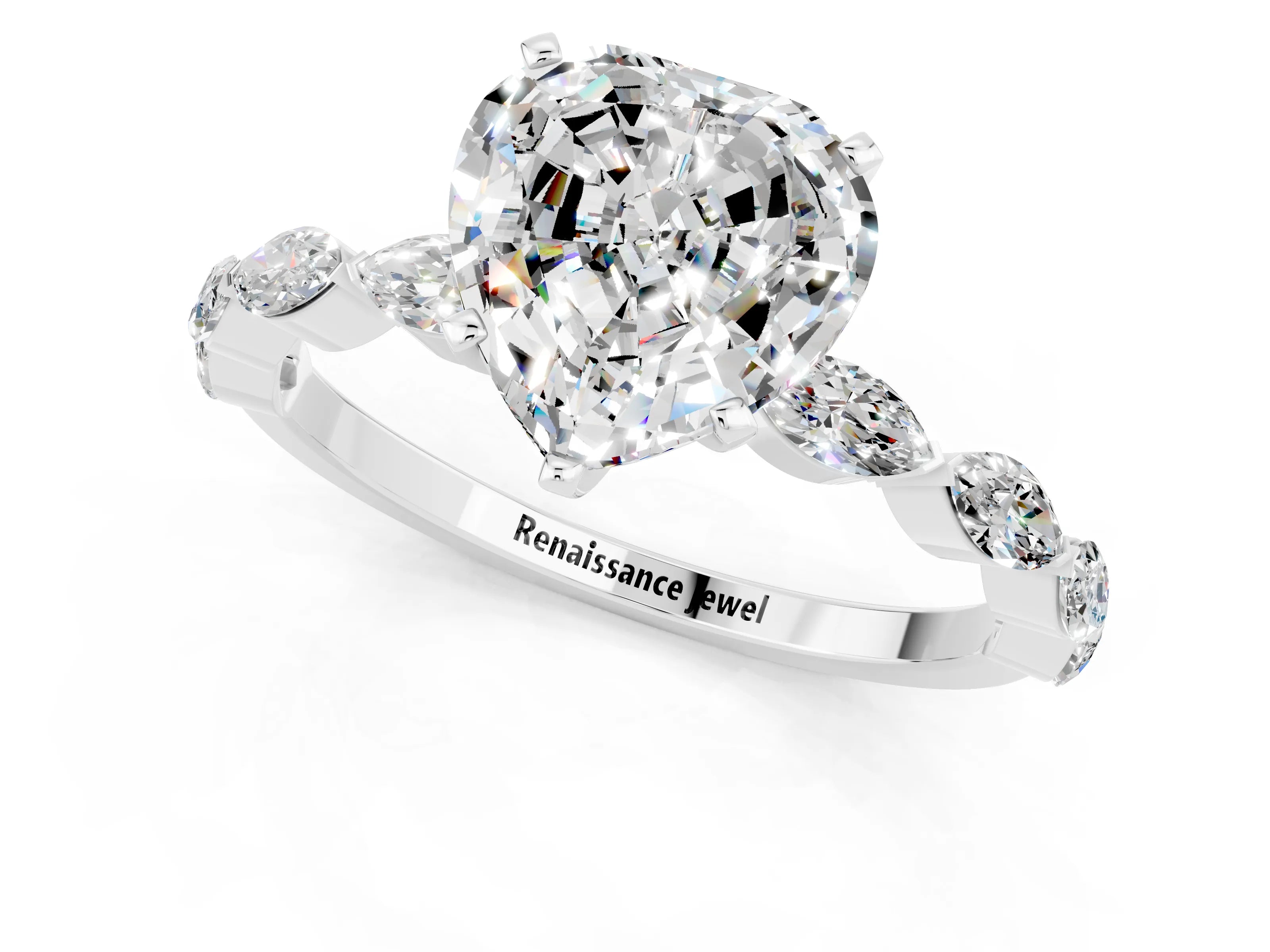 White gold Heart Cut Moissanite Ring with Marquise Side Stones and Prong Setting_1