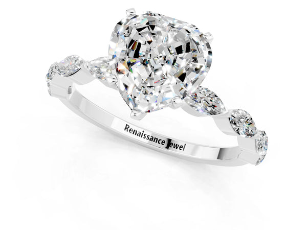 Platinum Heart Cut Moissanite Ring with Marquise Side Stones and Prong Setting