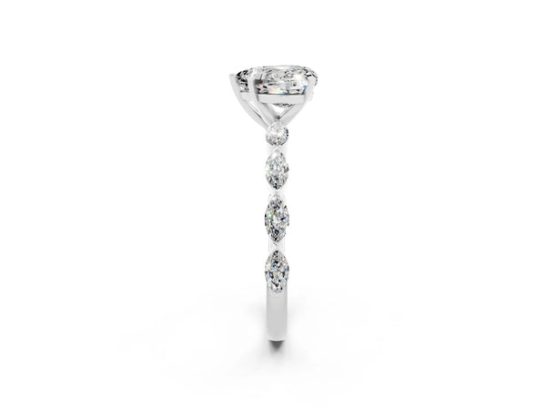White gold Heart Cut Moissanite Ring with Marquise Side Stones and Prong Setting