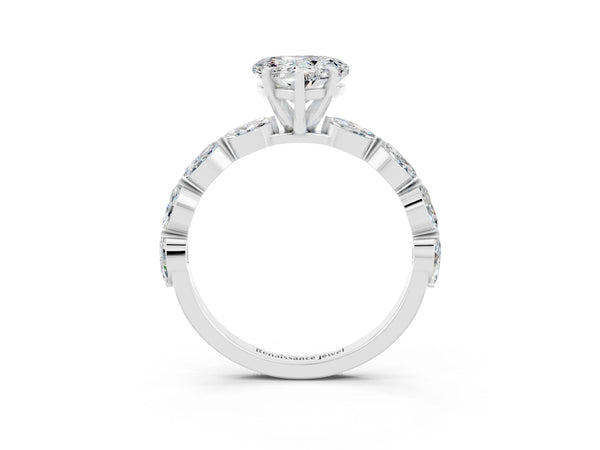 White gold Heart Cut Moissanite Ring with Marquise Side Stones and Prong Setting