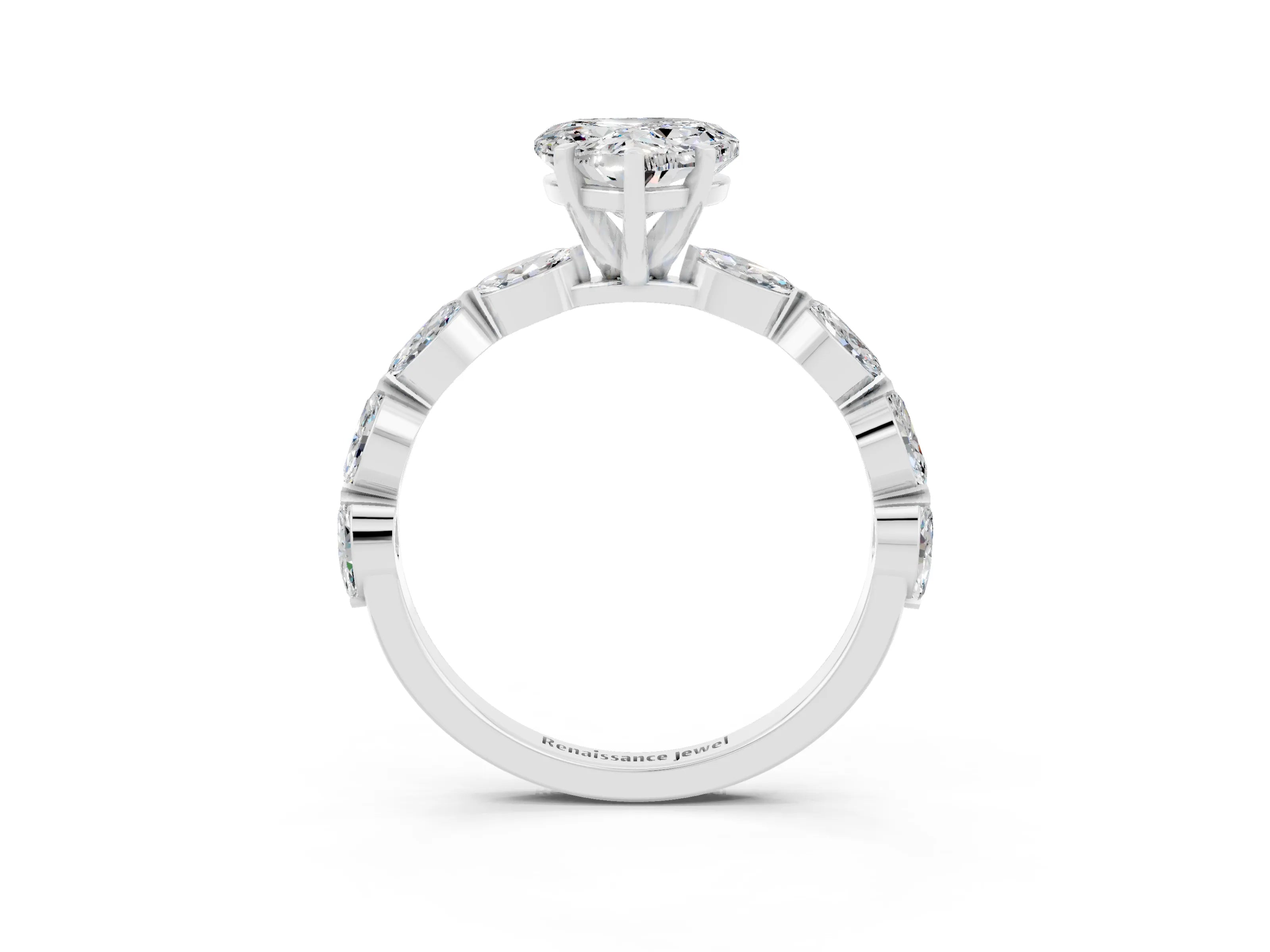 White gold Heart Cut Moissanite Ring with Marquise Side Stones and Prong Setting_3