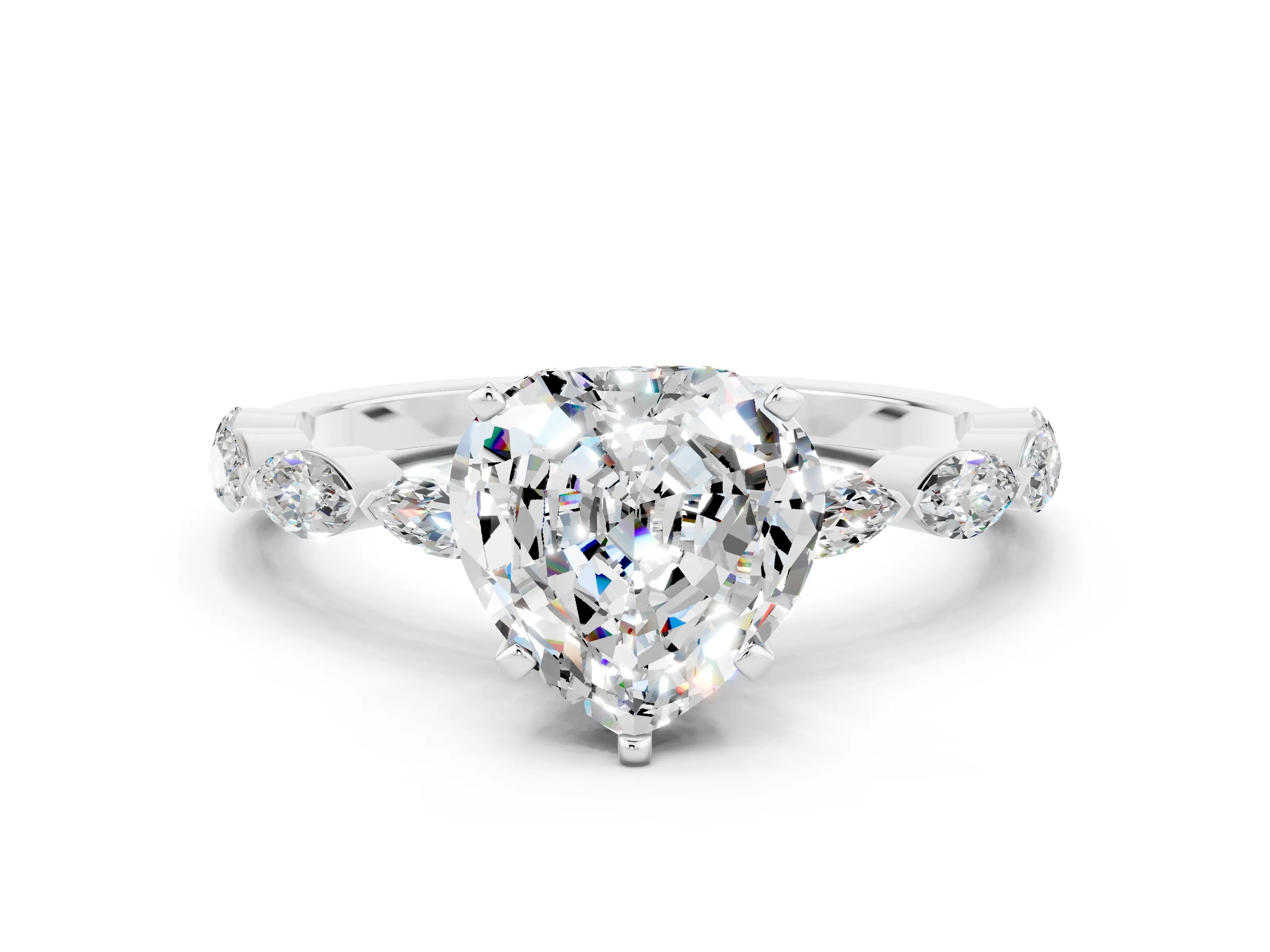 White gold Heart Cut Moissanite Ring with Marquise Side Stones and Prong Setting