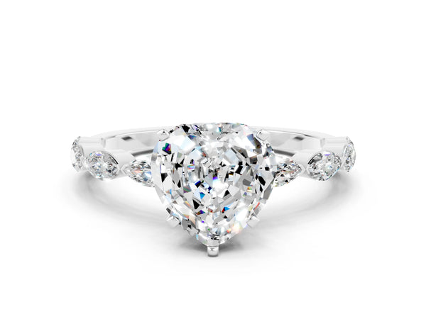 Silver Heart Cut Moissanite Ring with Marquise Side Stones and Prong Setting