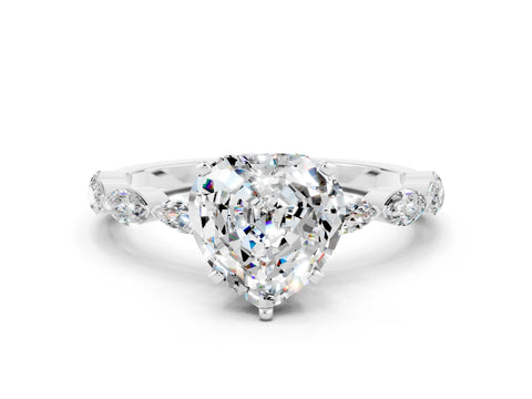 White gold Heart Cut Moissanite Ring with Marquise Side Stones and Prong Setting
