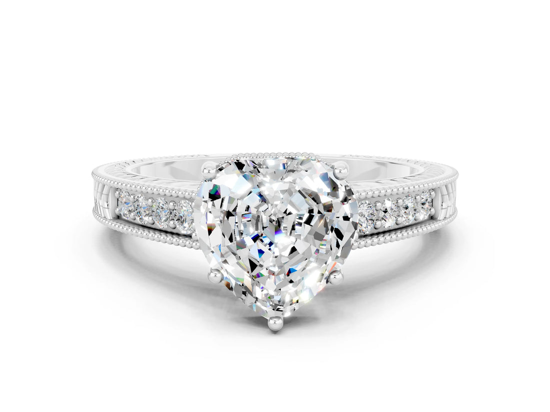 White gold Heart Cut Moissanite Ring with Milgrain Pavé Band and Four-Prong Setting_12