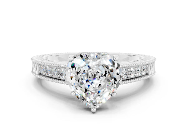 Silver Heart Cut Moissanite Ring with Milgrain Pavé Band and Four-Prong Setting