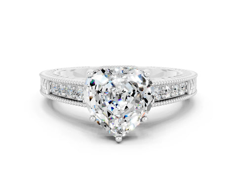 White gold Heart Cut Moissanite Ring with Milgrain Pavé Band and Four-Prong Setting_12