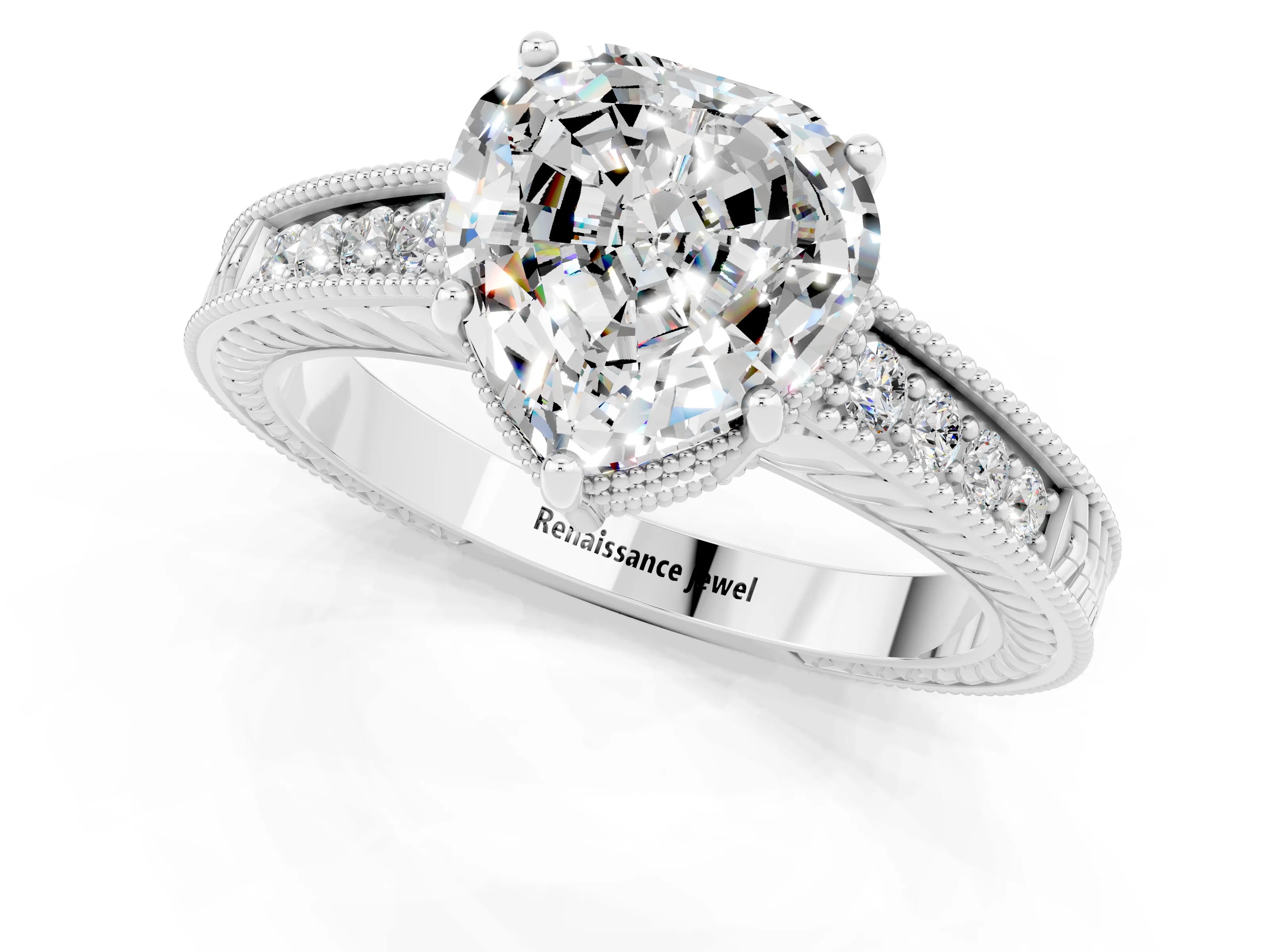 White gold Heart Cut Moissanite Ring with Milgrain Pavé Band and Four-Prong Setting_13