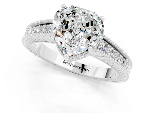 White gold Heart Cut Moissanite Ring with Milgrain Pavé Band and Four-Prong Setting_13