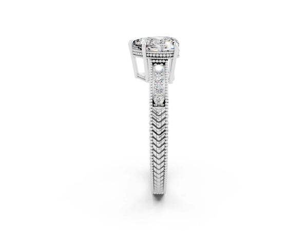 Platinum Heart Cut Moissanite Ring with Milgrain Pavé Band and Four-Prong Setting
