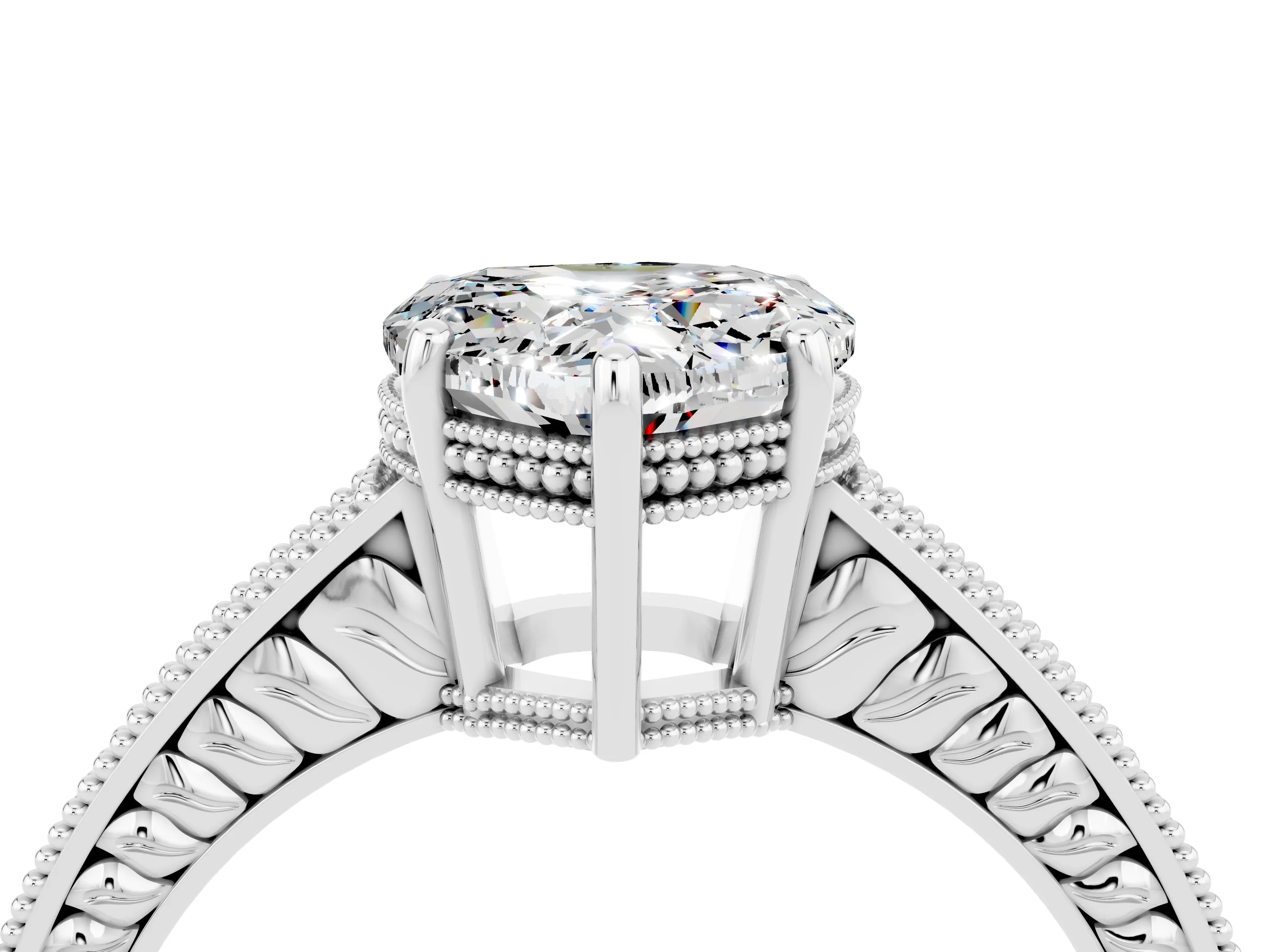 White gold Heart Cut Moissanite Ring with Milgrain Pavé Band and Four-Prong Setting_16