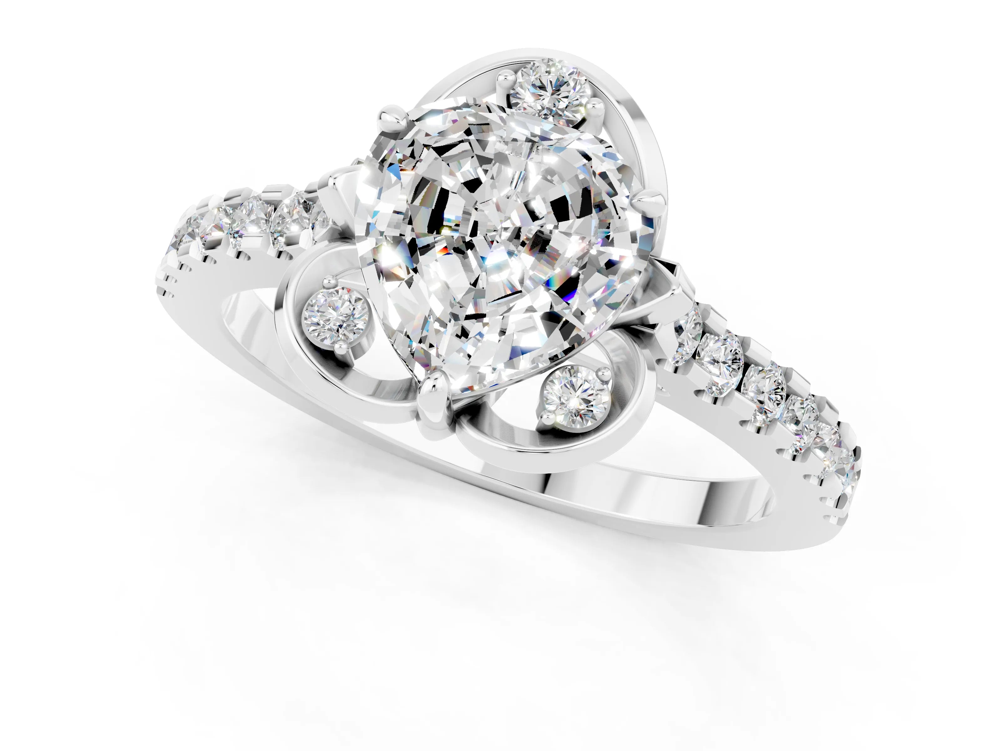 White gold Heart Cut Moissanite Ring with Pavé Band and Floral Prong Setting_1