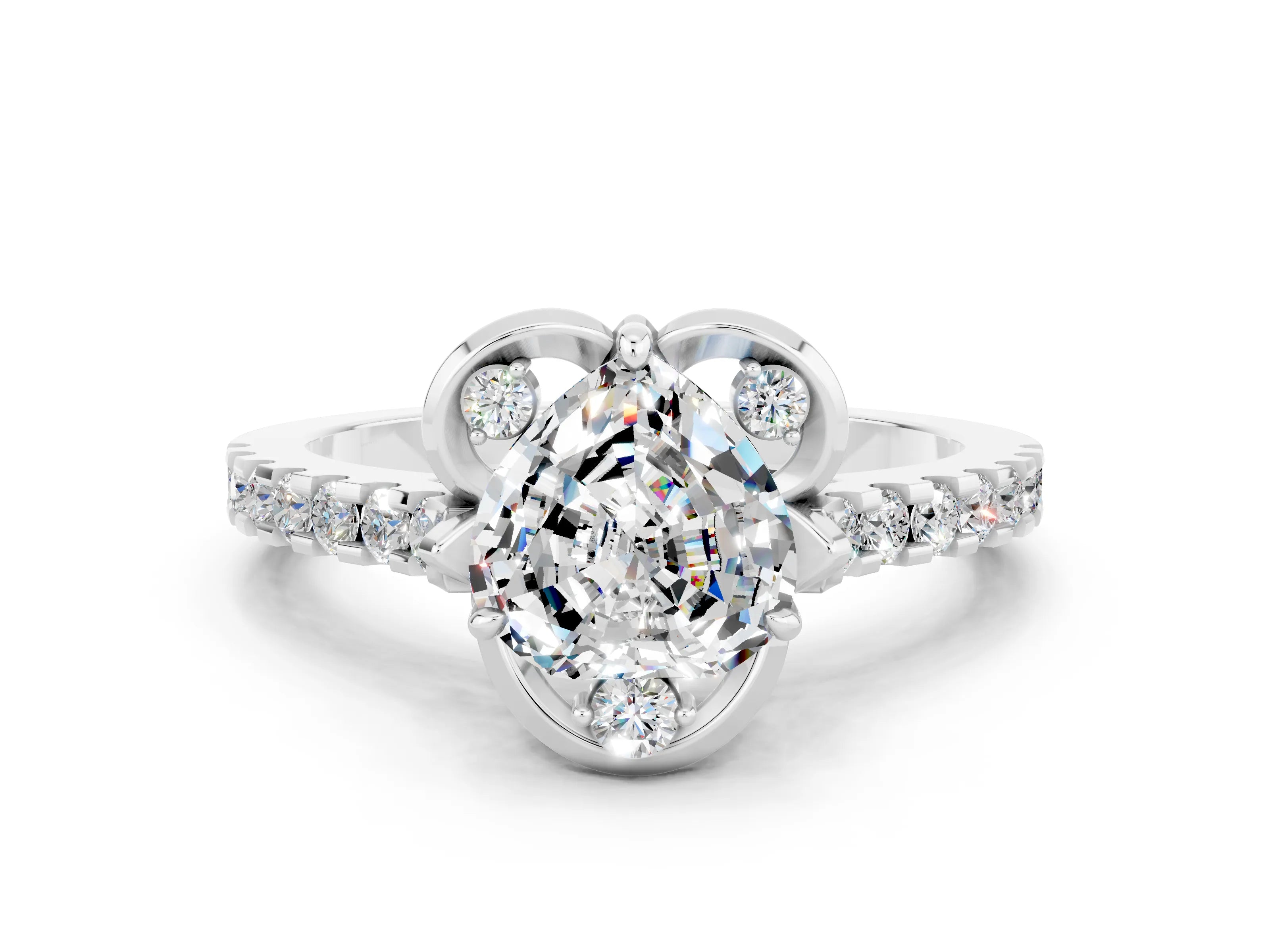 White gold Heart Cut Moissanite Ring with Pavé Band and Floral Prong Setting
