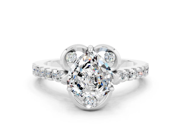 Silver Heart Cut Moissanite Ring with Pavé Band and Floral Prong Setting