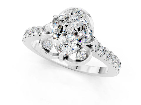 White gold Heart Cut Moissanite Ring with Pavé Band and Floral Prong Setting_1