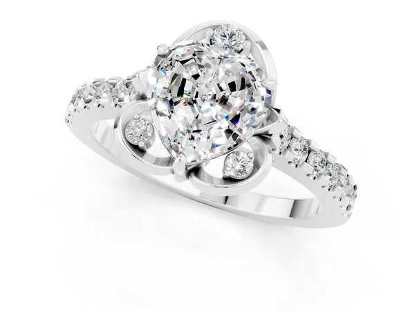 White gold Heart Cut Moissanite Ring with Pavé Band and Floral Prong Setting