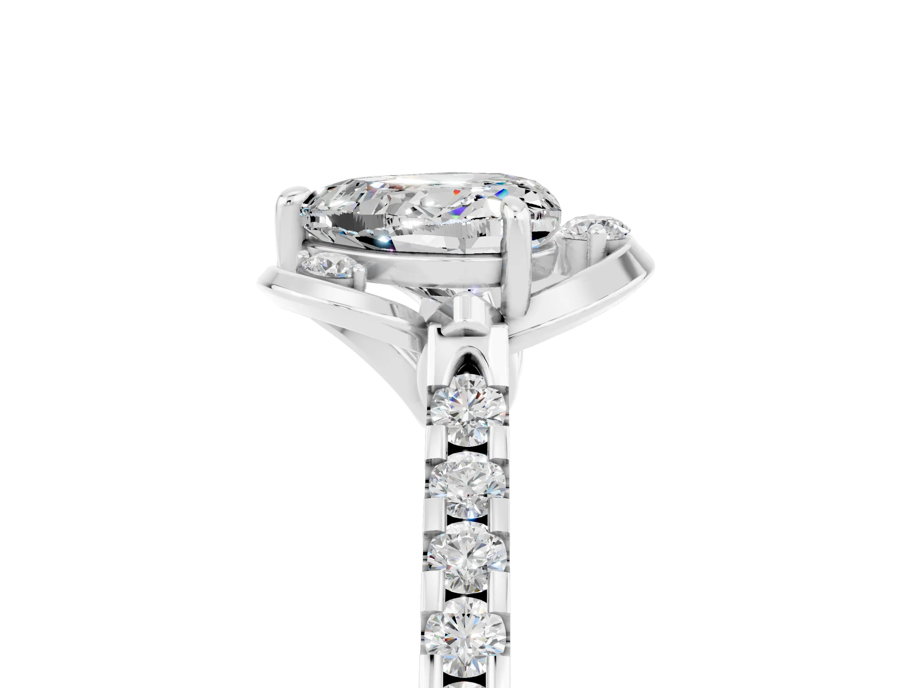 White gold Heart Cut Moissanite Ring with Pavé Band and Floral Prong Setting_5
