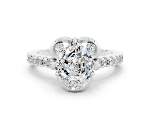 White gold Heart Cut Moissanite Ring with Pavé Band and Floral Prong Setting