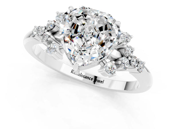 Platinum Heart Cut Moissanite Ring with Side Stones and Four-Prong Setting