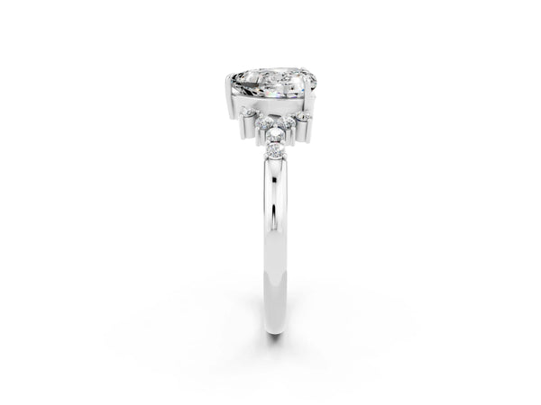 Silver Heart Cut Moissanite Ring with Side Stones and Four-Prong Setting
