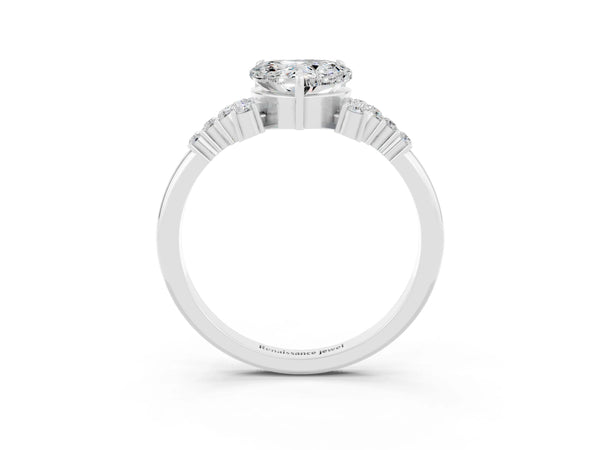 Silver Heart Cut Moissanite Ring with Side Stones and Four-Prong Setting