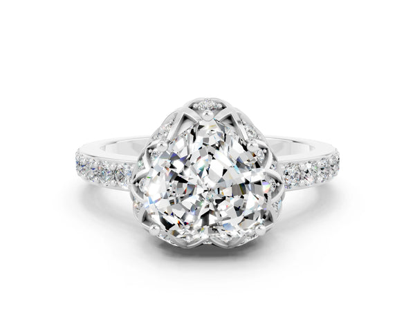 Platinum Heart Cut Moissanite Scalloped Halo Engagement Ring with Round Shared Prong Band