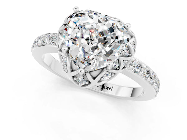 Silver Heart Cut Moissanite Scalloped Halo Engagement Ring with Round Shared Prong Band