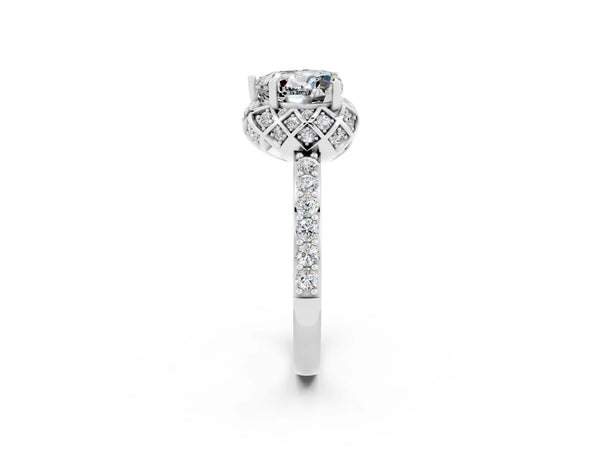 Platinum Heart Cut Moissanite Scalloped Halo Engagement Ring with Round Shared Prong Band