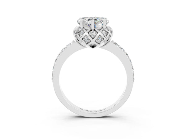 Silver Heart Cut Moissanite Scalloped Halo Engagement Ring with Round Shared Prong Band