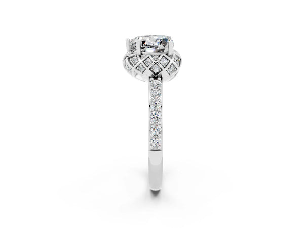 White gold Heart Cut Moissanite Scalloped Halo Engagement Ring with Round Shared Prong Band