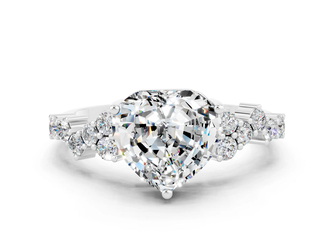 White gold Heart Cut Moissanite Scattered Round Accent Ring with Prong Setting_24