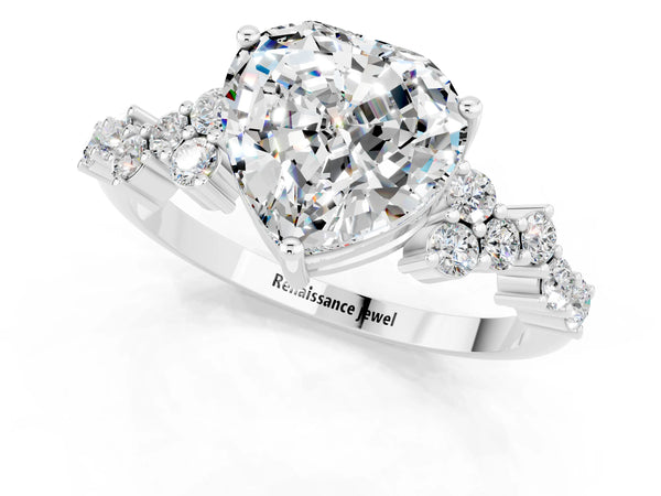 White gold Heart Cut Moissanite Scattered Round Accent Ring with Prong Setting