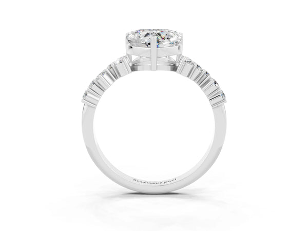 White gold Heart Cut Moissanite Scattered Round Accent Ring with Prong Setting