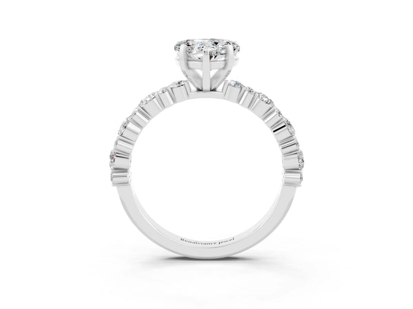 Platinum Heart Cut Moissanite Side Stone Solitaire Ring with Round  and Four-Prong Setting