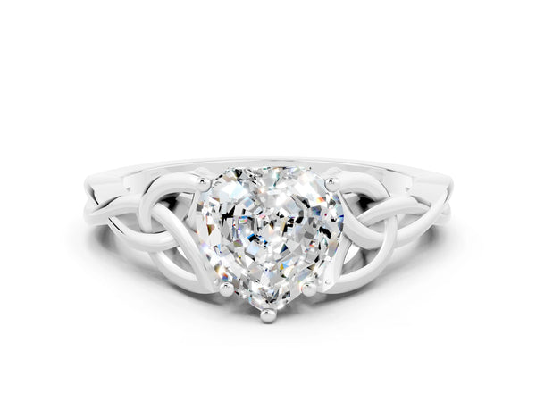Silver Heart Cut Moissanite Solitaire Celtic Knot Ring with Four-Prong Setting