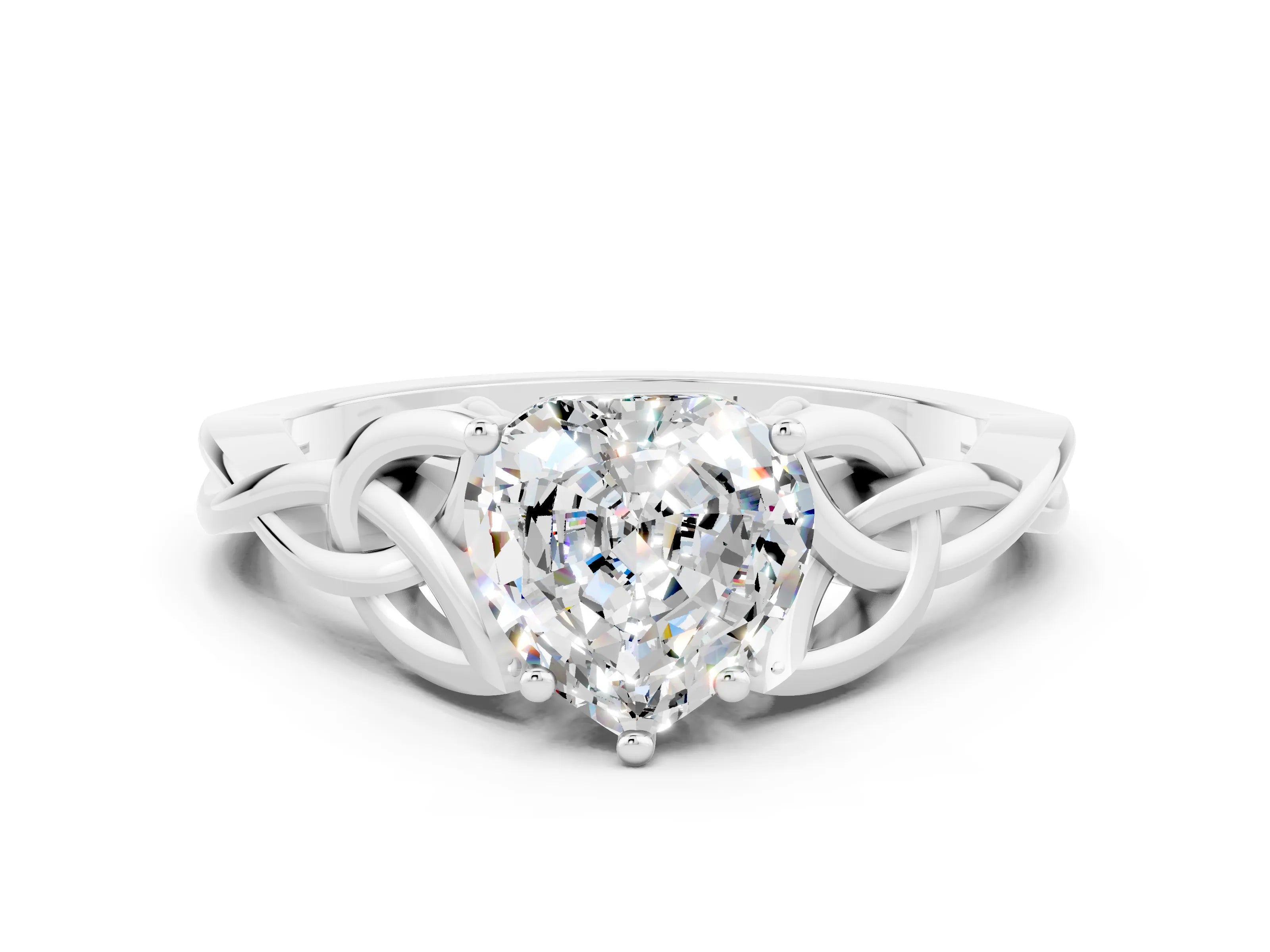 White gold Heart Cut Moissanite Solitaire Celtic Knot Ring with Four-Prong Setting_12