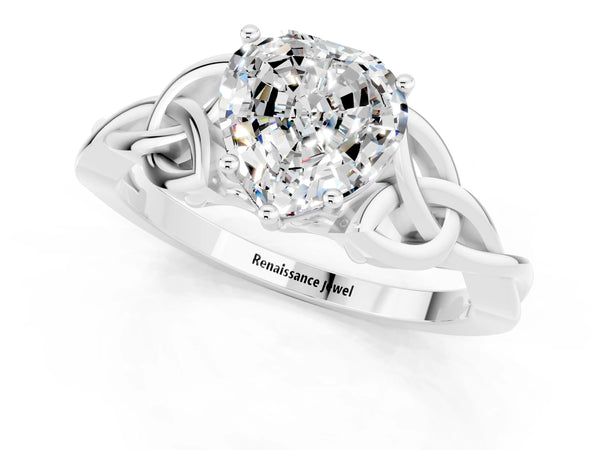 White gold Heart Cut Moissanite Solitaire Celtic Knot Ring with Four-Prong Setting