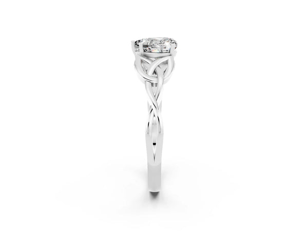 Silver Heart Cut Moissanite Solitaire Celtic Knot Ring with Four-Prong Setting