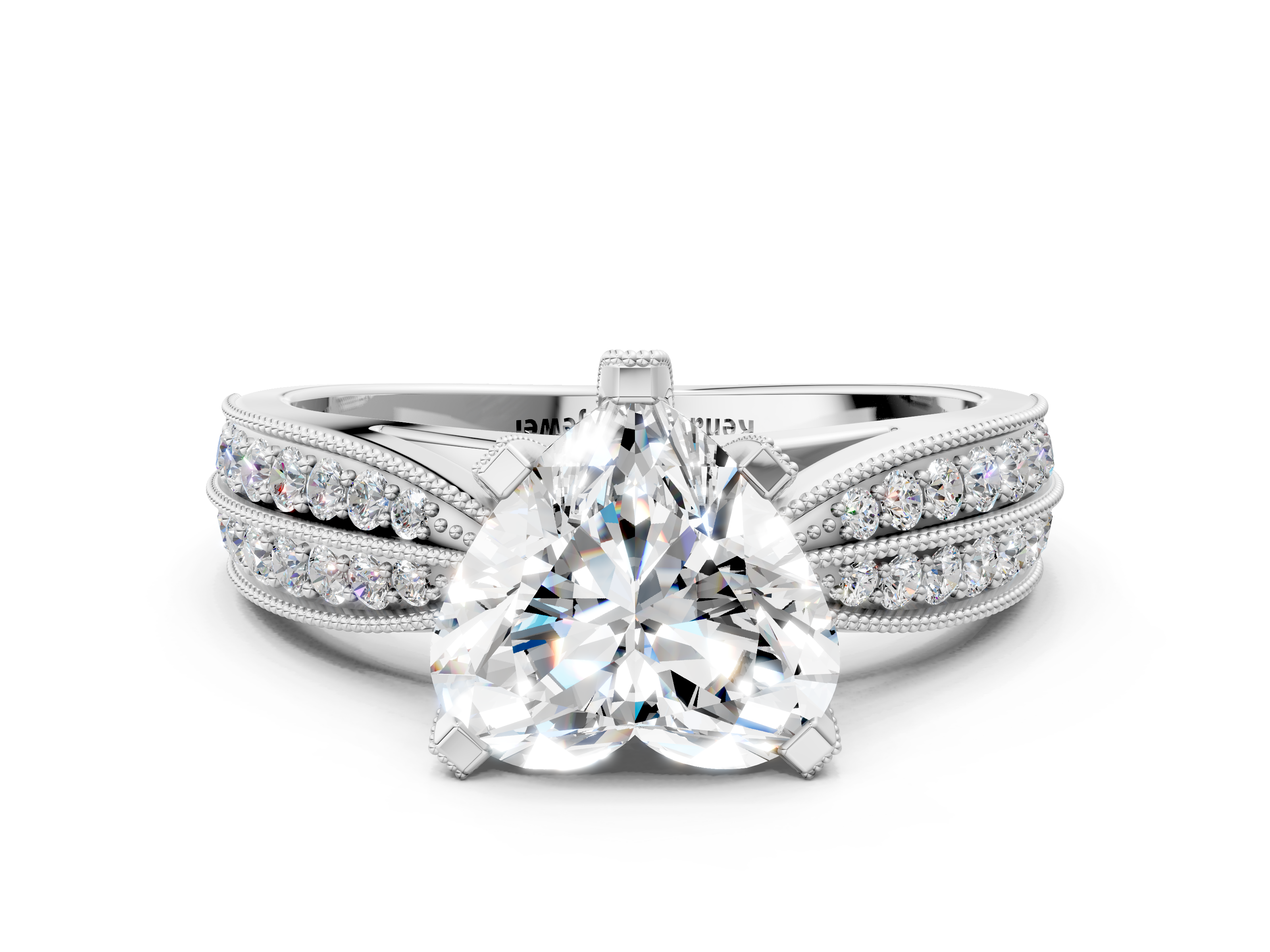 White gold Heart Cut Moissanite   Solitaire Diamond Ring with Milgrain Pavé Band and Four-Prong Setting_17