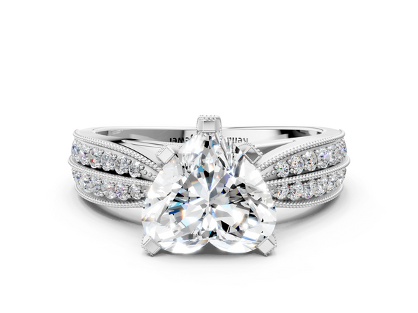 White gold Heart Cut Moissanite   Solitaire Diamond Ring with Milgrain Pavé Band and Four-Prong Setting