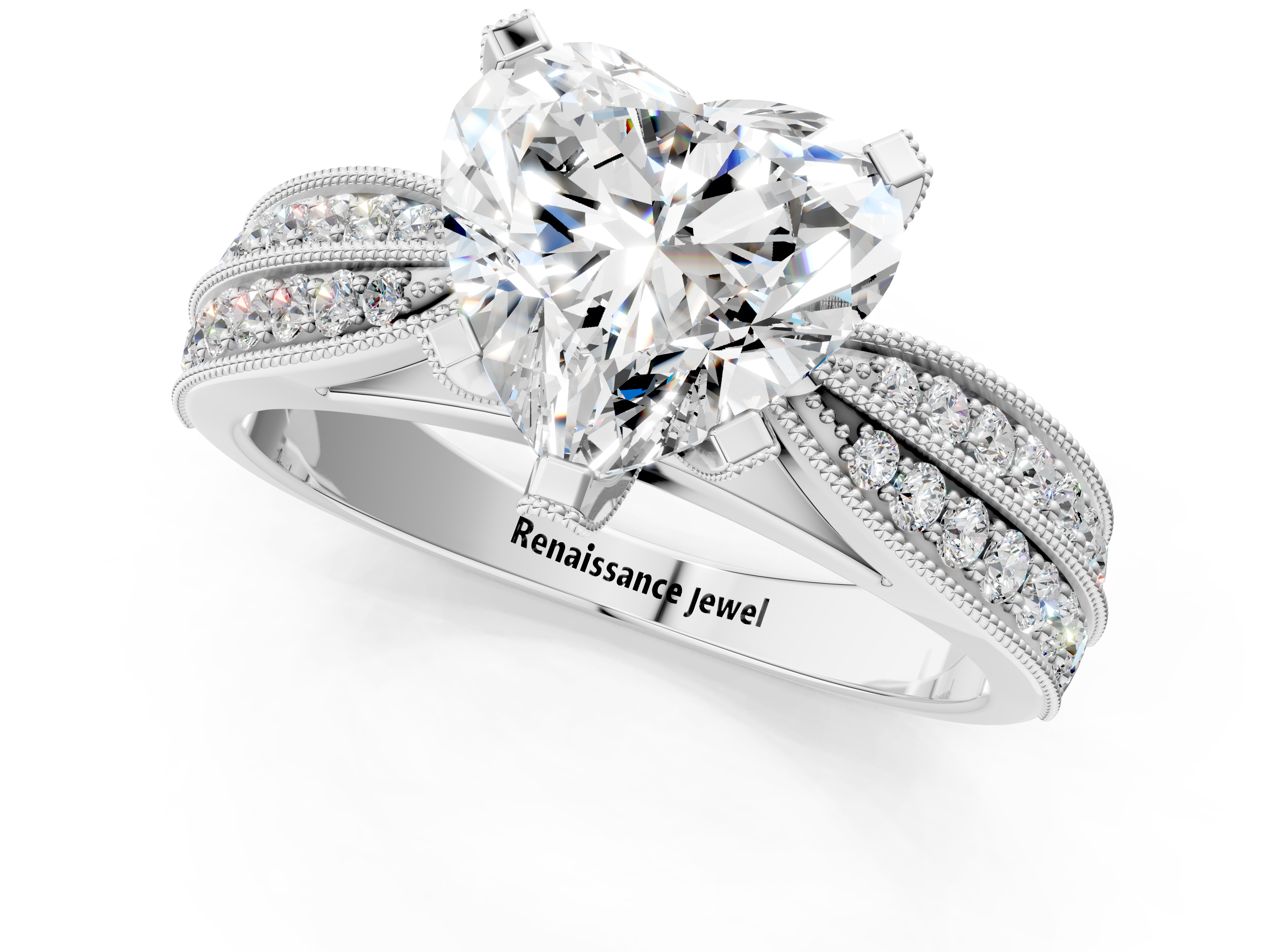 White gold Heart Cut Moissanite   Solitaire Diamond Ring with Milgrain Pavé Band and Four-Prong Setting_18