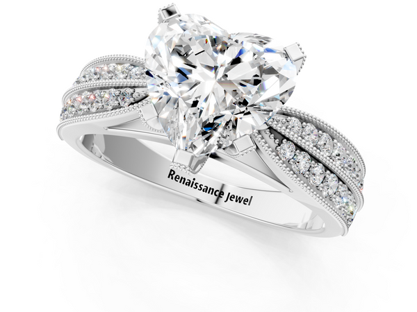 White gold Heart Cut Moissanite   Solitaire Diamond Ring with Milgrain Pavé Band and Four-Prong Setting