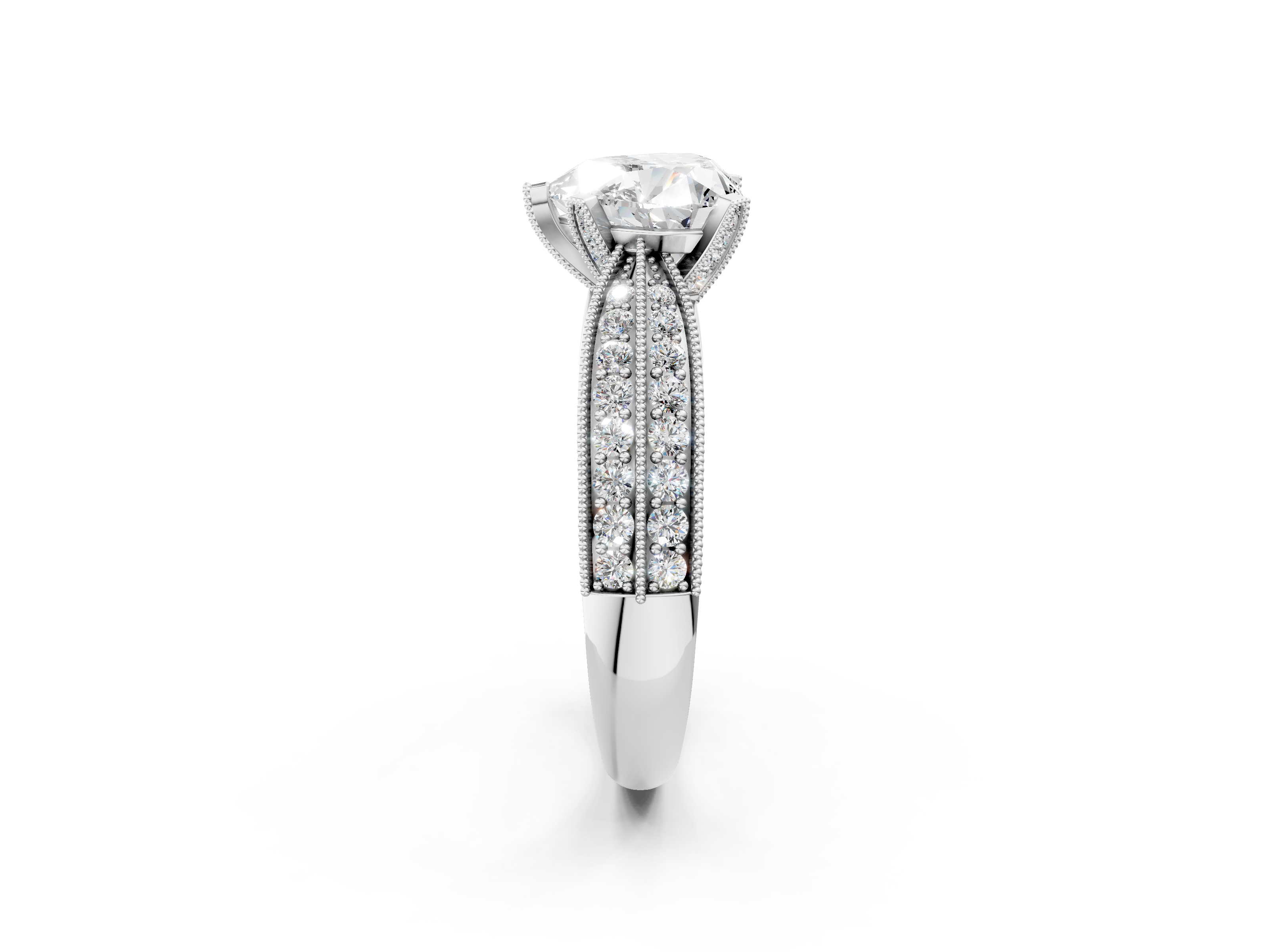 White gold Heart Cut Moissanite   Solitaire Diamond Ring with Milgrain Pavé Band and Four-Prong Setting_19