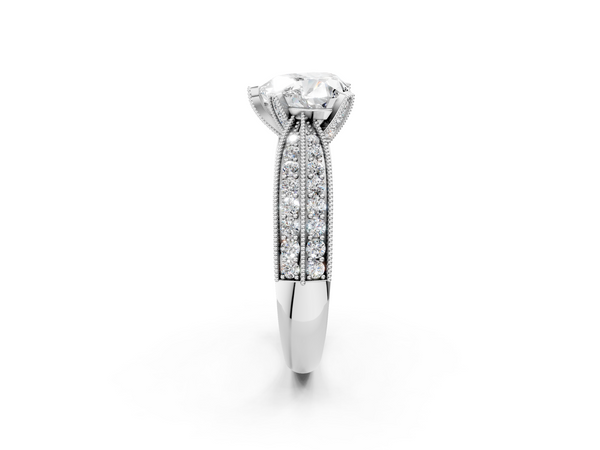 Silver Heart Cut Moissanite   Solitaire Diamond Ring with Milgrain Pavé Band and Four-Prong Setting