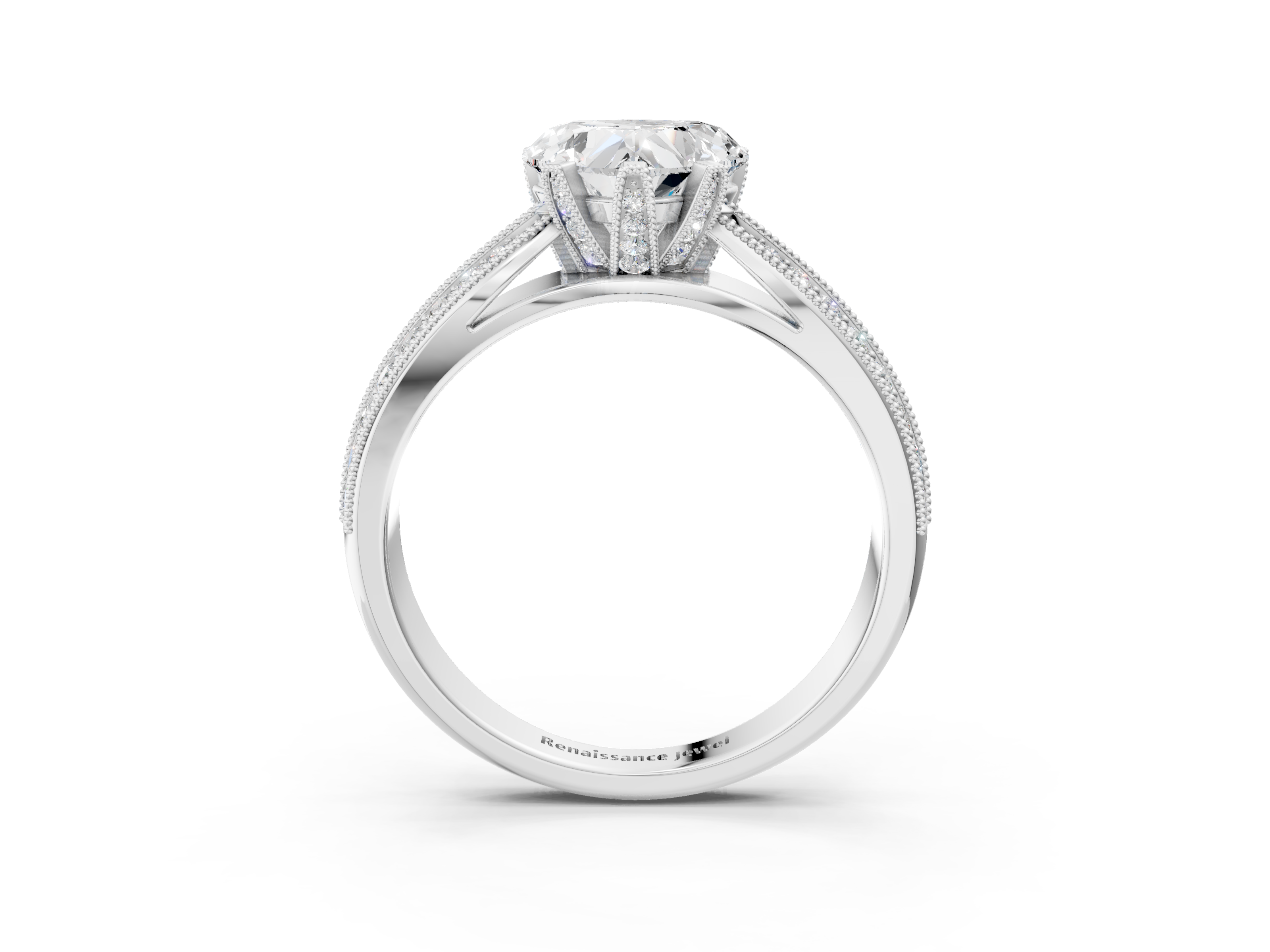 White gold Heart Cut Moissanite   Solitaire Diamond Ring with Milgrain Pavé Band and Four-Prong Setting_20