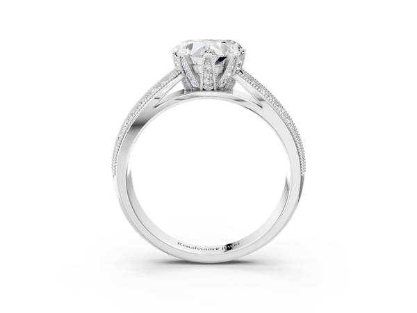 White gold Heart Cut Moissanite   Solitaire Diamond Ring with Milgrain Pavé Band and Four-Prong Setting