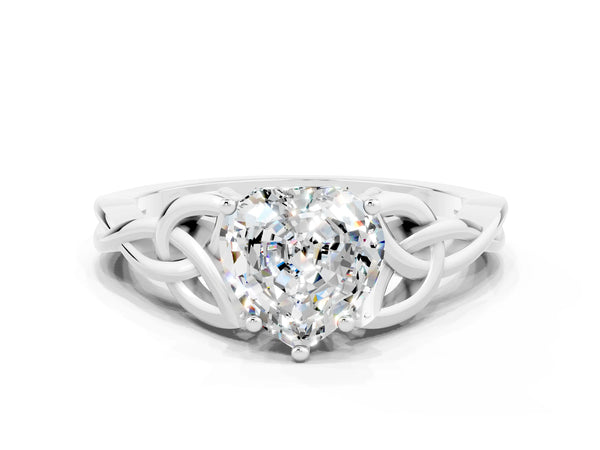Platinum Heart Cut Moissanite Solitaire Engagement Ring with Celtic Knot Band and Four-Prong Setting