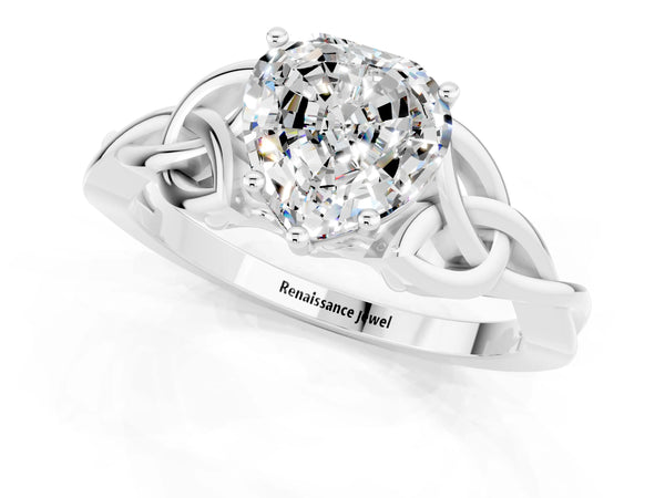 Platinum Heart Cut Moissanite Solitaire Engagement Ring with Celtic Knot Band and Four-Prong Setting