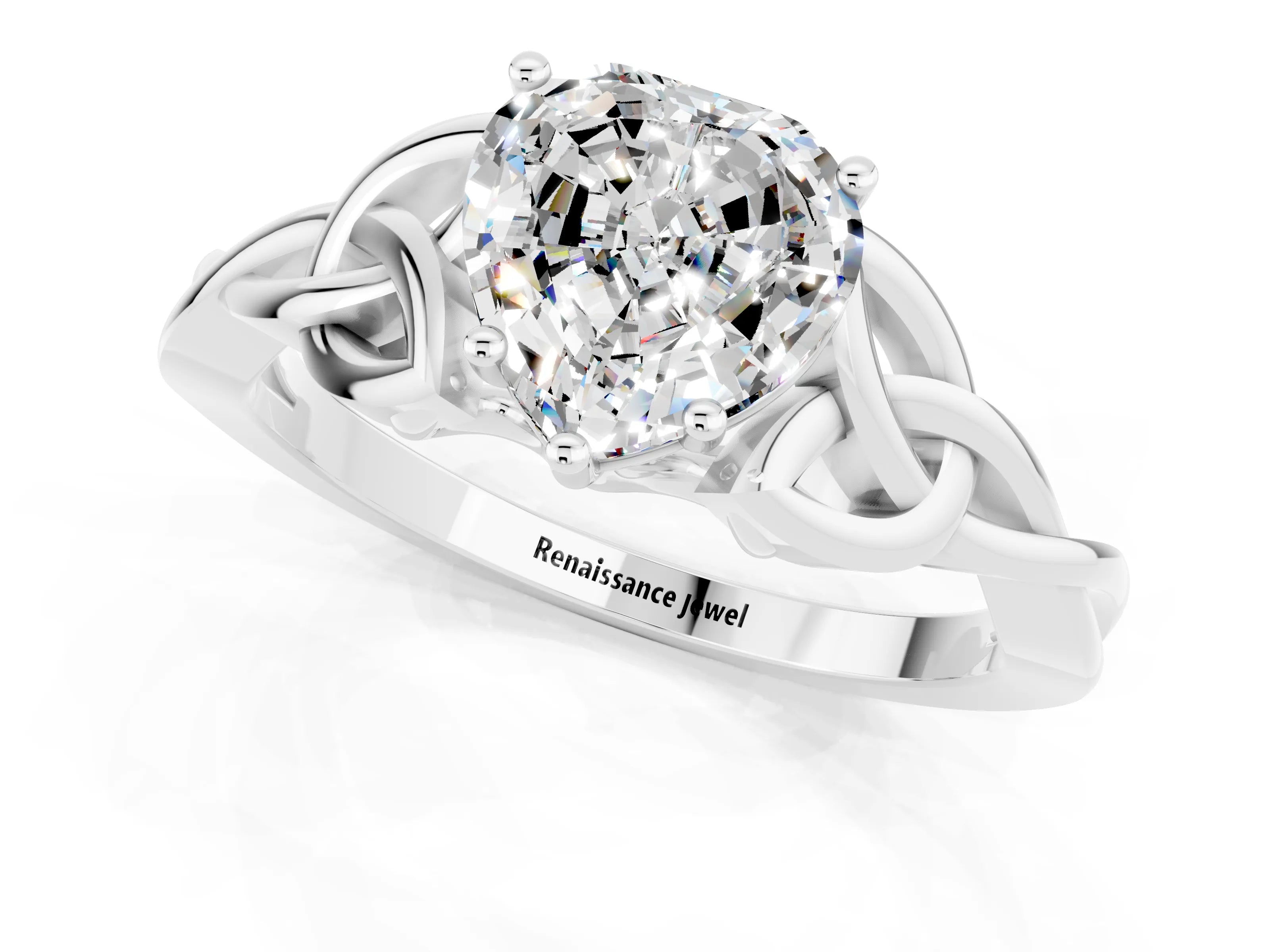 White gold Heart Cut Moissanite Solitaire Engagement Ring with Celtic Knot Band and Four-Prong Setting_1